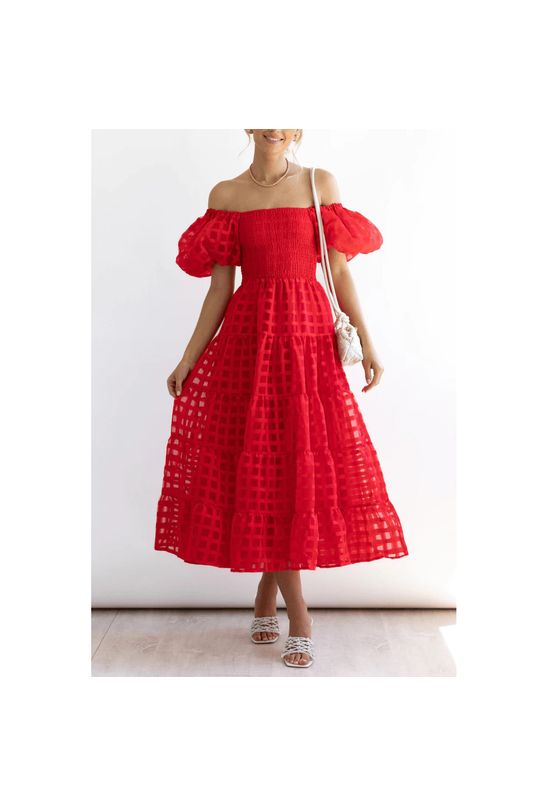 Vestido-midi-de-renda-com-mangas-bufantes-vermelho