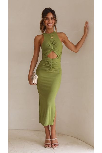 Vestido-midi-justo-drapeado-verde