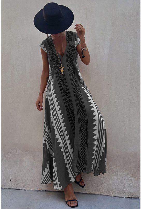 Vestido-longo-amplo-com-decote-em-v-cinza
