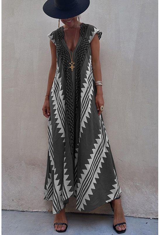 Vestido-longo-amplo-com-decote-em-v-cinza