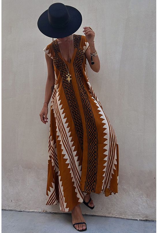 Vestido-longo-amplo-com-decote-em-v-marrom