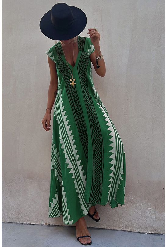 Vestido-longo-amplo-com-decote-em-v-verde