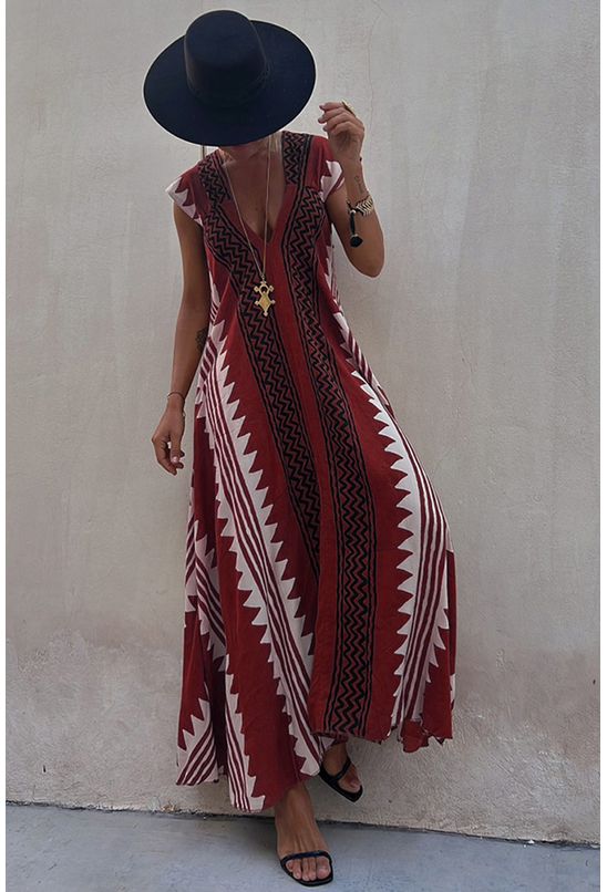 Vestido-longo-amplo-com-decote-em-v-vermelho