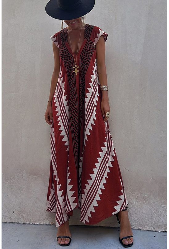 Vestido-longo-amplo-com-decote-em-v-vermelho