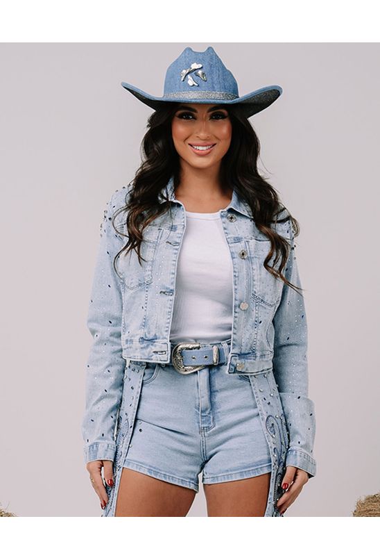Jaqueta Jeans Cropped Feminina com Bordado e Aplicação Rainha do