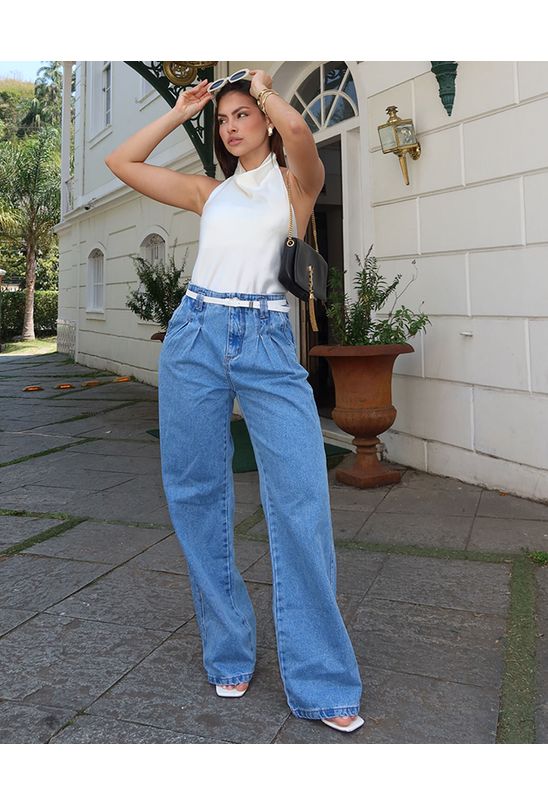 Calça Jeans Wide Leg Feminina Cintura Alta com Cinto 24275 Média