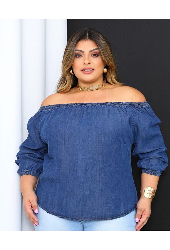 Blusa Jeans Feminina Ciganinha Plus Size 23201 Escura Babadotop