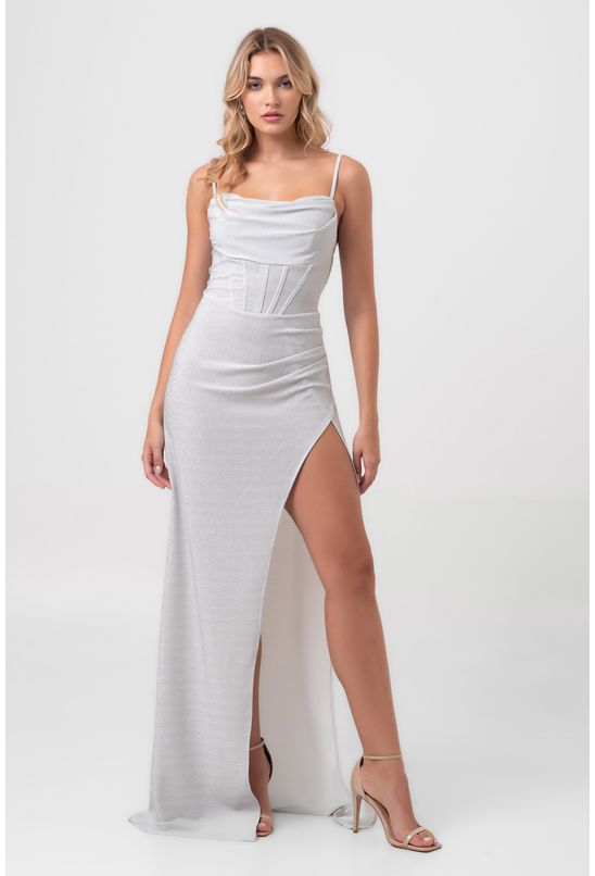 Vestido longo alça fina com fenda lateral prata