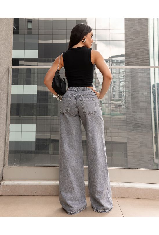 Calça Jeans Wide Leg Feminina Relaxed Cintura Baixa 29909 Cinza