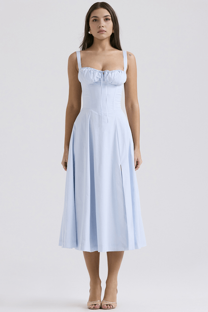 Vestido midi rodado azul claro Babado G Vestido midi rodado azul claro Babado G