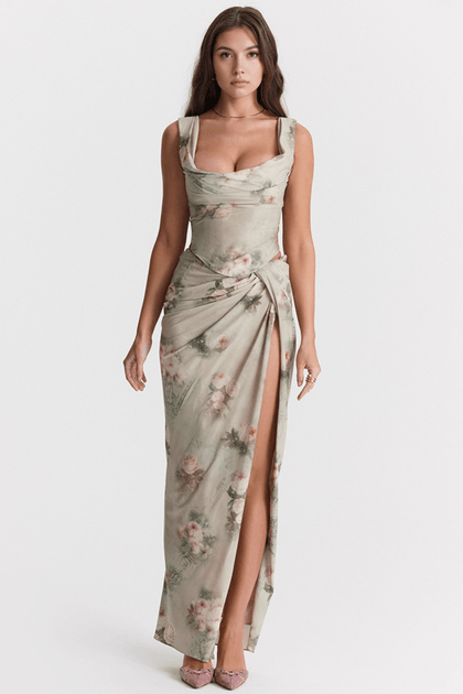 Vestido longo floral decote v bege G