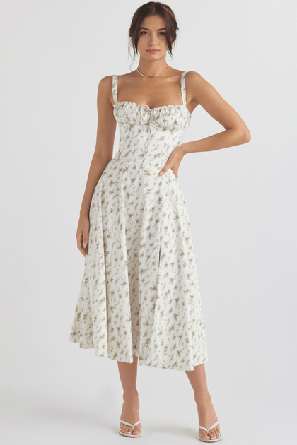 Vestido midi floral branco Babado P Vestido midi floral branco Babado P