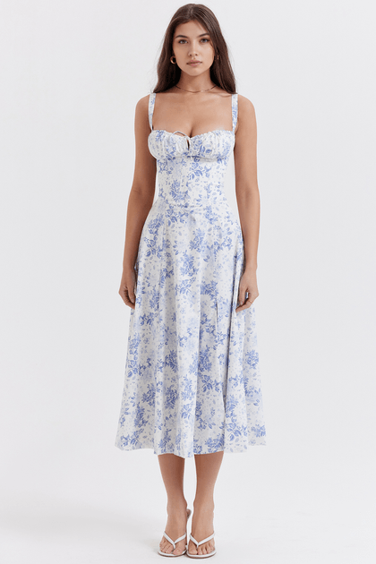 Vestido midi flor azul alça fina branco M