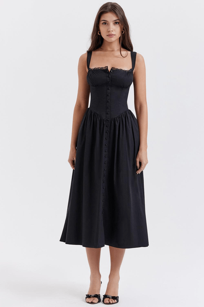 Vestido midi rodado preto babado P