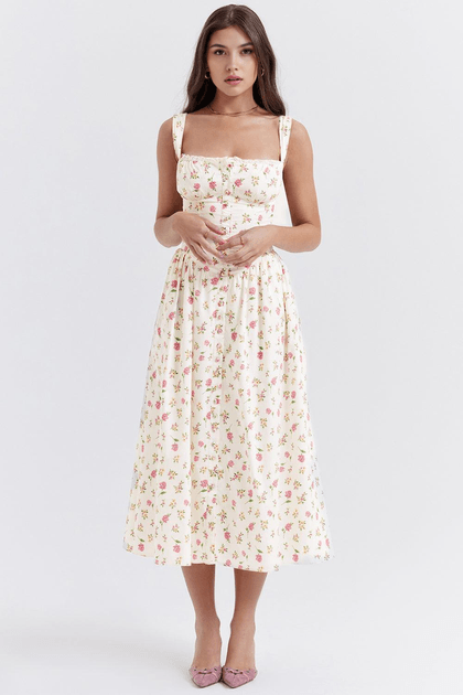 Vestido midi floral delicado off white Babado G Vestido midi floral delicado off white Babado G