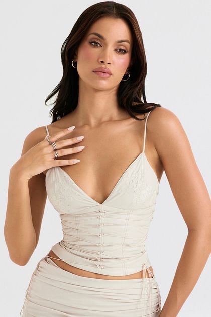 Blusa cropped amarração bege G