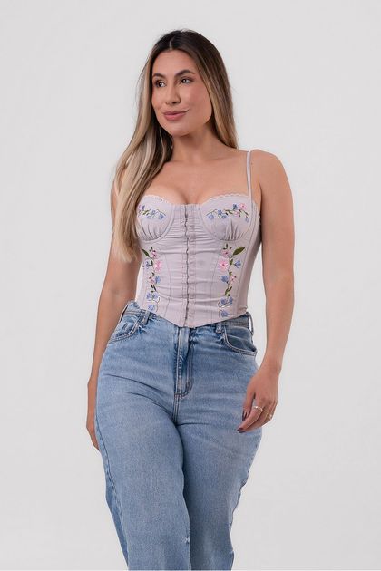 Blusa corset bordado floral bege Babado G Blusa corset bordado floral bege Babado G