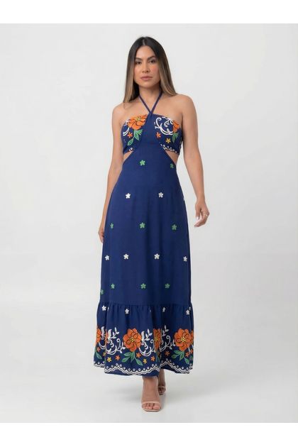 Vestido Longo em Crepe Costas Nua com Amarração Alice Ref. 1779 - Azul marinho - Único Vestido Longo em Crepe Costas Nua com Amarração Alice Ref. 1779 - Azul marinho - Único