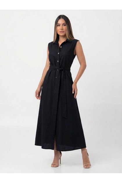 Vestido Longo em Alfaiataria Sensoriale com Botões e Amarração Juliete Ref. 1658 - Preto - Único