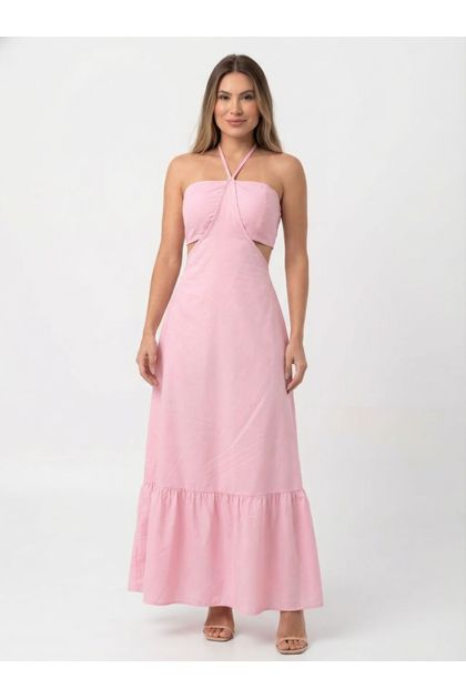 Vestido Longo em Crepe Costas Nua com Amarração Alice Ref. 1779 - Rosa claro - Único
